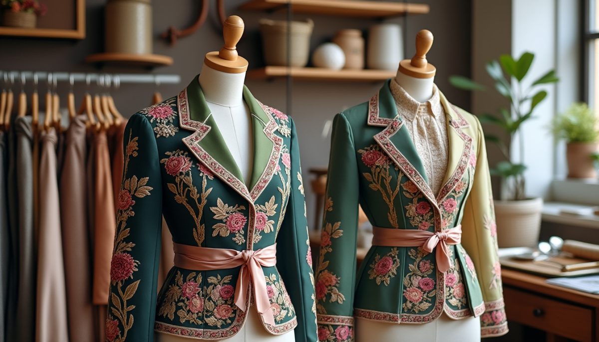 découvrez une collection unique de vestes en upcycling alliant broderies bretonnes, rubans satinés et dentelles pour un style authentique et éco-responsable.