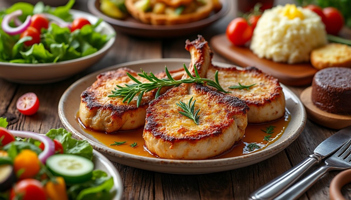 découvrez des côtelettes de porc dorées à la perfection, nappées d'un beurre aux herbes onctueux pour un plat savoureux et gourmand.