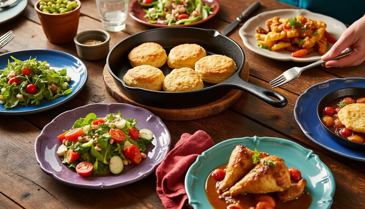 découvrez un dîner convivial et savoureux au biscuits dorés, préparé facilement en une seule poêle pour un repas rapide et délicieux en toute simplicité.