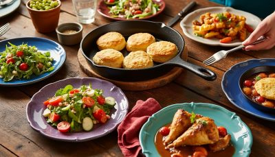 découvrez un dîner convivial et savoureux au biscuits dorés, préparé facilement en une seule poêle pour un repas rapide et délicieux en toute simplicité.