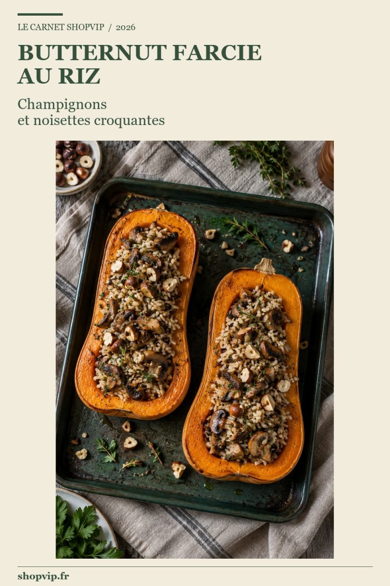 Deux demi-courges butternut rôties garnies de riz, de petits morceaux de champignons et de noisettes concassées sur une plaque vert foncé.