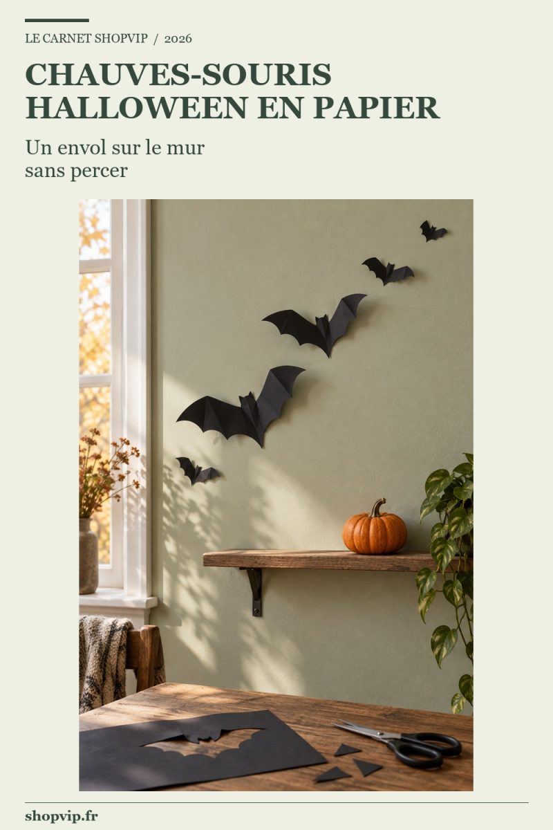 Envol diagonal de chauves-souris en papier noir de trois tailles, ailes légèrement pliées, sur un mur vert sauge au-dessus d’une étagère en bois.