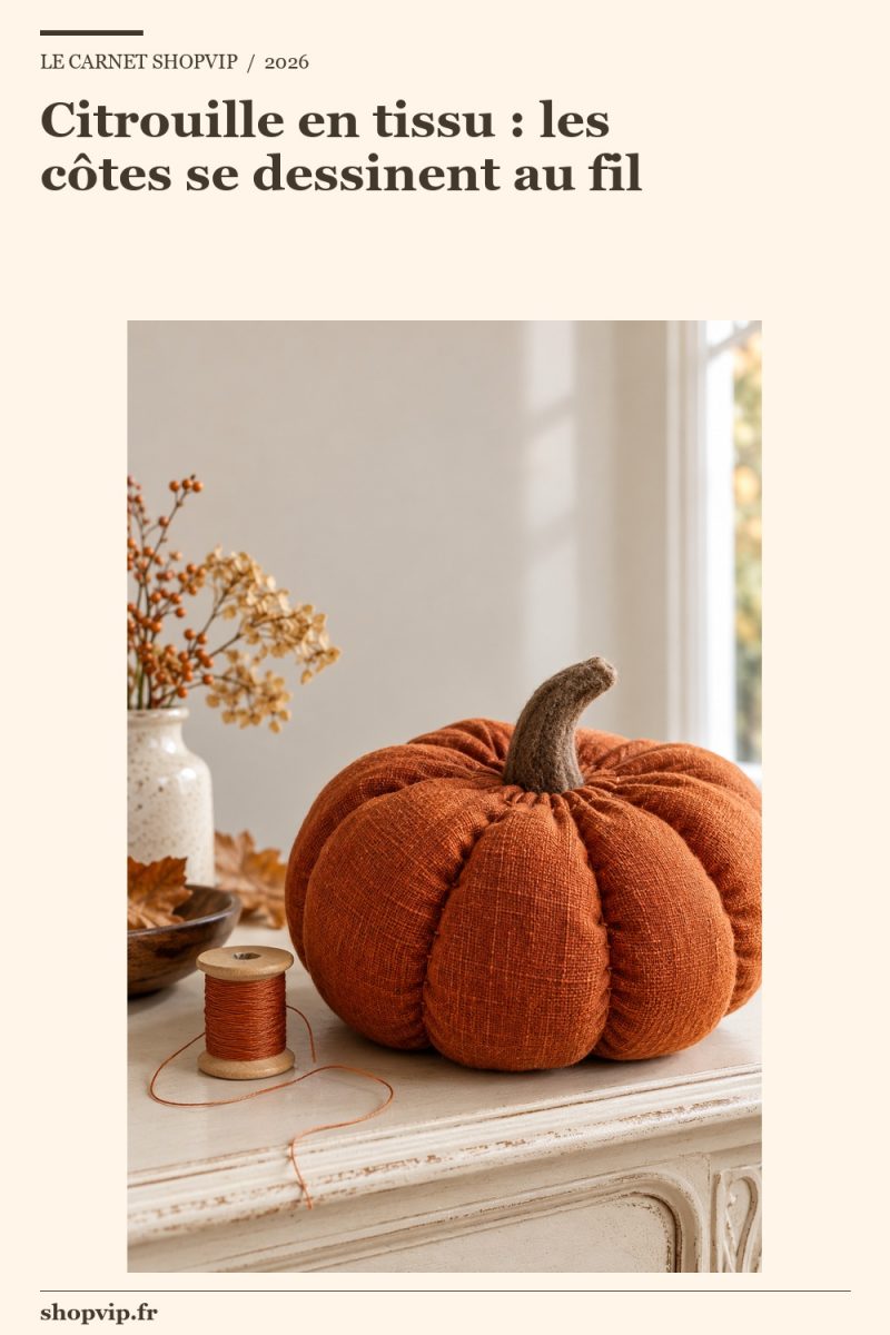 Petite citrouille en tissu orange brûlé aux côtes arrondies et au pédoncule en feutrine, posée sur une console crème avec une bobine de fil à côté.