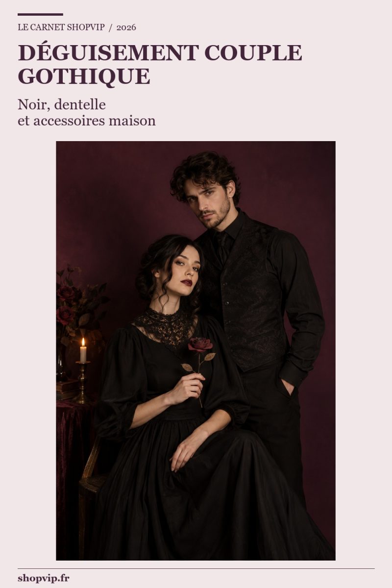 Deux adultes fictifs en tenues gothiques noires, robe longue avec col en dentelle et ensemble chemise, pantalon et gilet, avec une petite rose en papier.