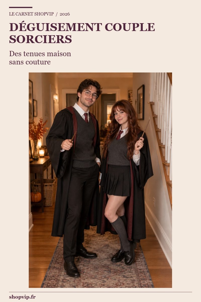 Deux adultes fictifs en chemises claires, gilets anthracite, cravates bordeaux et capes sombres, tenant des baguettes en carton dans une entrée.