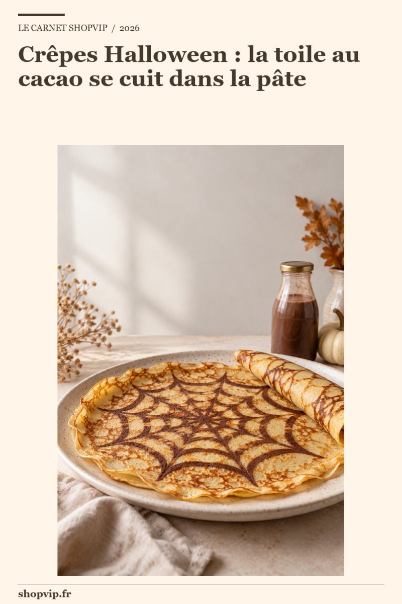 Crêpe fine dépliée avec une toile brune au cacao incorporée à sa surface, accompagnée d'une crêpe roulée et d'un flacon de pâte fermé à l'arrière-plan.