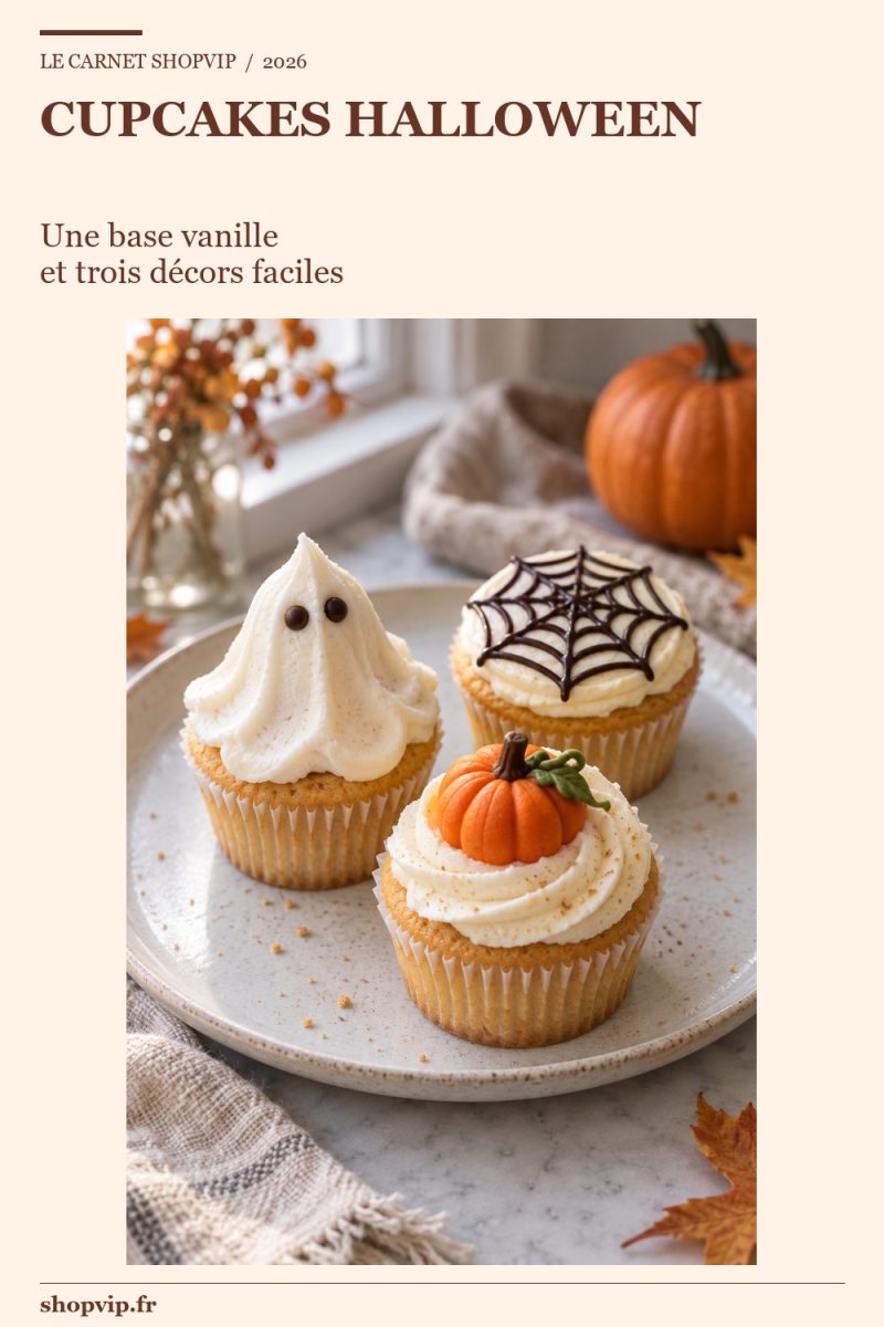 Trois cupcakes vanille sur une assiette claire : un fantôme en glaçage blanc, une toile en chocolat et une petite citrouille orange comestible.