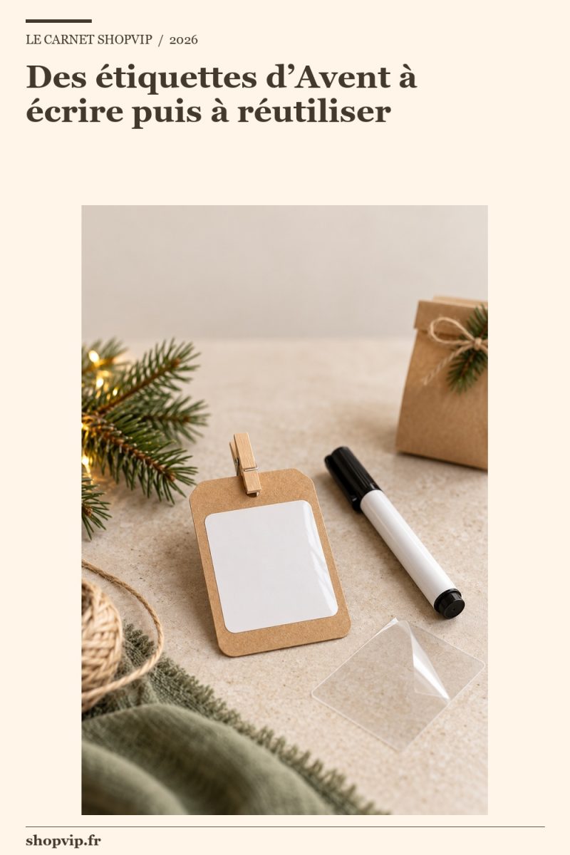 Étiquette kraft à coins arrondis et fenêtre blanche vierge, avec une pince en bois, un marqueur fermé et un morceau de film transparent sur une table beige.