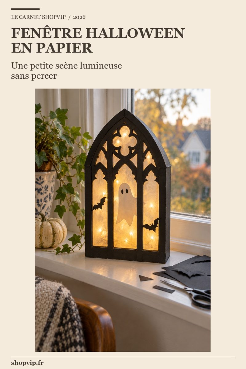 Cadre miniature de fenêtre en carton noir sur un rebord, fond translucide éclairé par des LED à piles et silhouettes de fantôme et de chauve-souris.