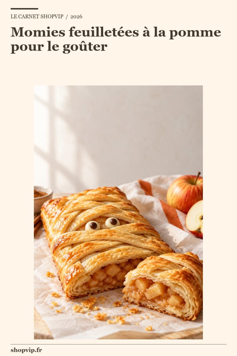 Feuilleté momie rectangulaire doré aux bandes croisées et aux yeux en chocolat, avec une coupe révélant une garniture de pomme compacte.