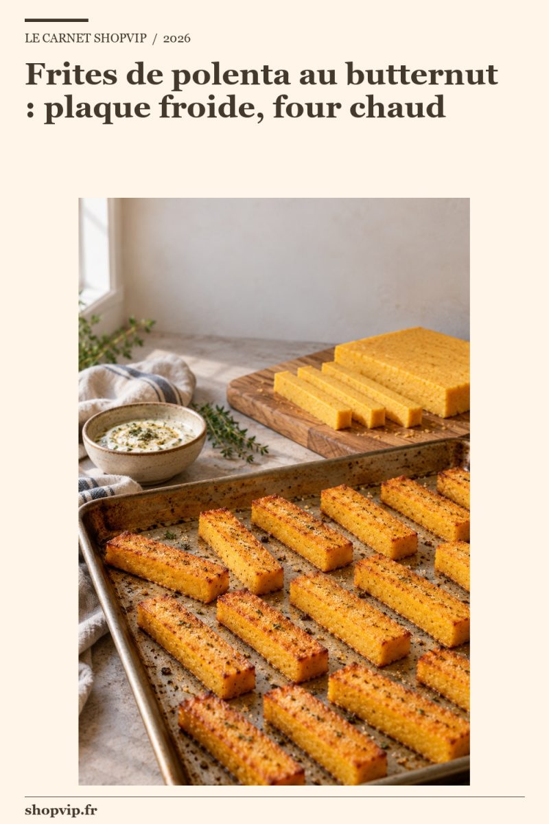 Bâtonnets de polenta au butternut dorés au four, avec plaque froide découpée et sauce séparée.