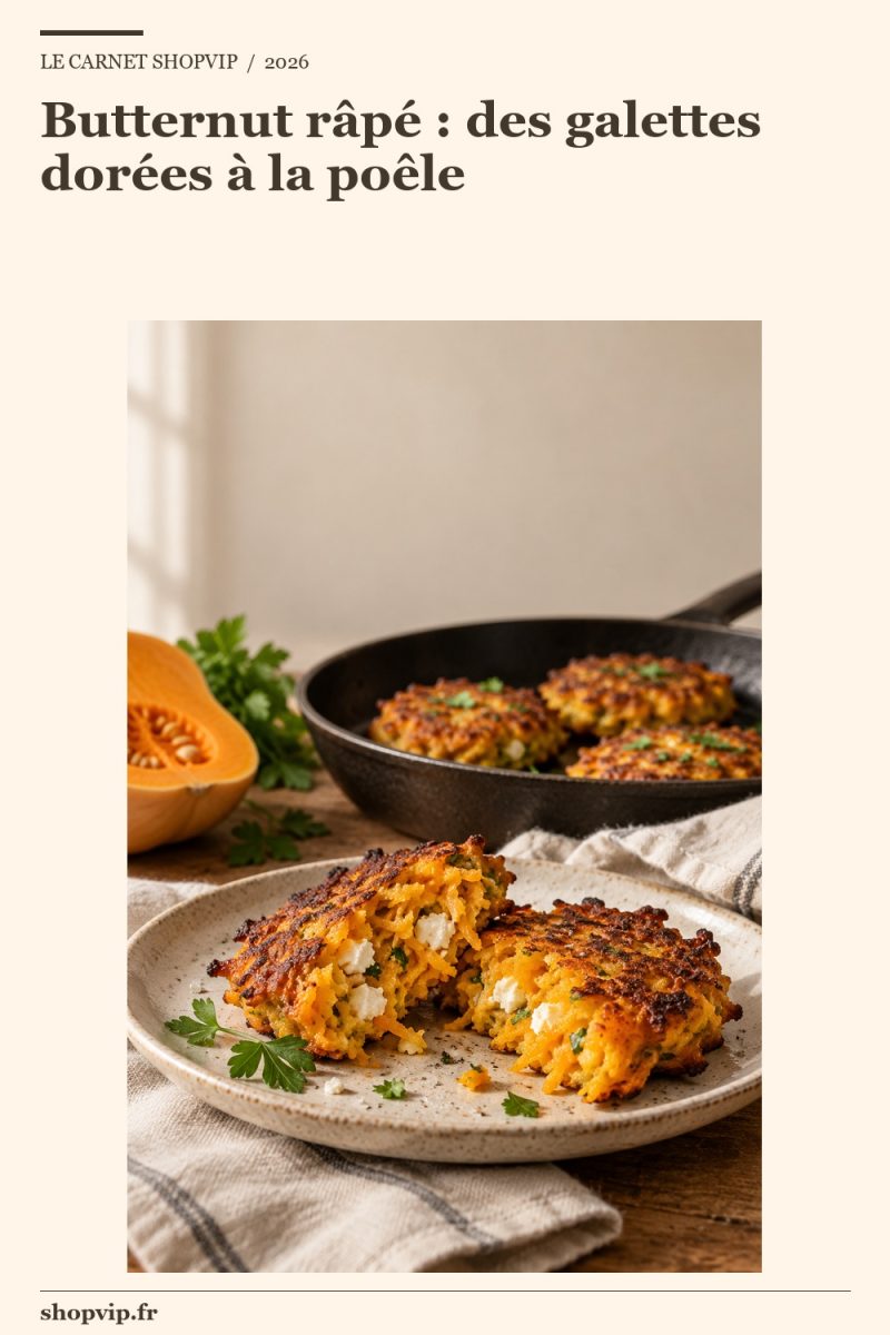 Galette de butternut ouverte montrant des filaments orange et des miettes de feta, avec une poêle de galettes en arrière-plan.