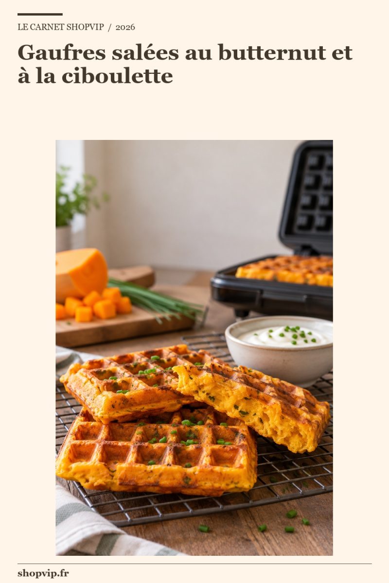 Gaufre salée orange doré sur une grille, partie coupée laissant voir l’intérieur, ciboulette et bol de yaourt à côté.