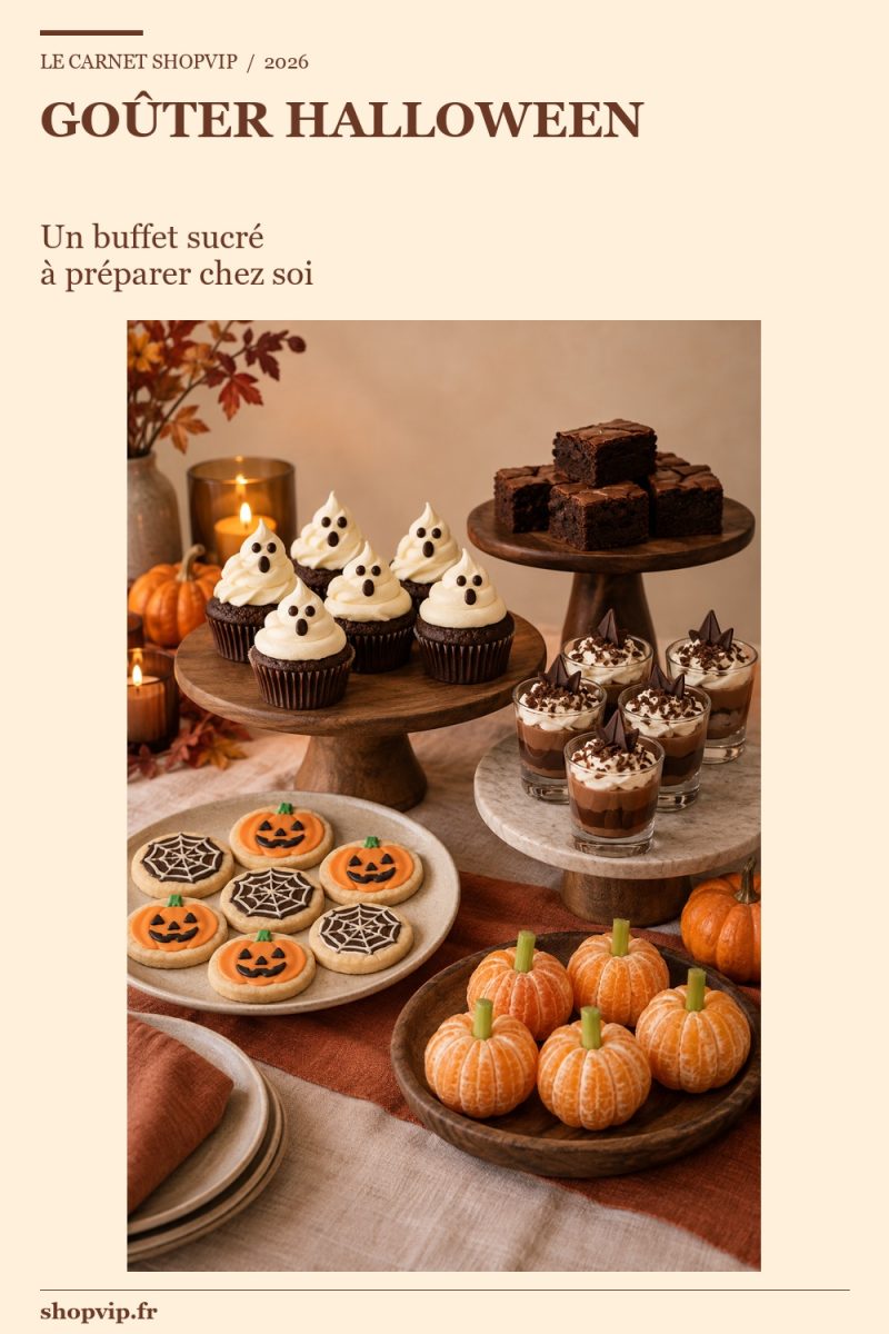 Buffet sucré Halloween sur trois hauteurs avec mini-cupcakes fantômes, brownies, verrines chocolat, sablés décorés et clémentines au pédoncule de céleri.