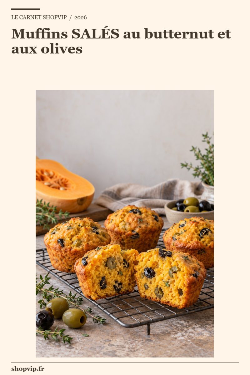 Muffins salés au butternut sur grille, un muffin coupé montrant des morceaux d’olives dans la mie.