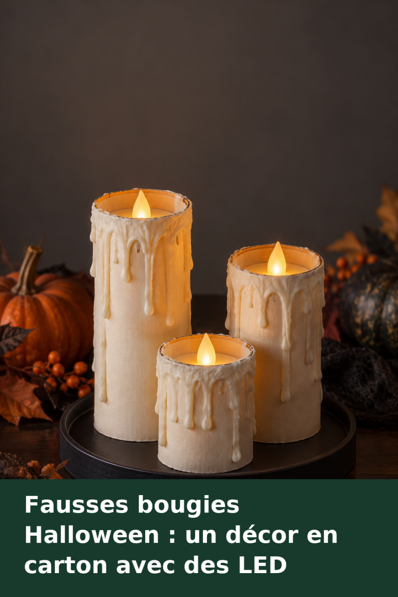 Trois fausses bougies Halloween en tubes de carton ivoire, ornées de coulures et posées sur un socle noir avec des flammes LED.