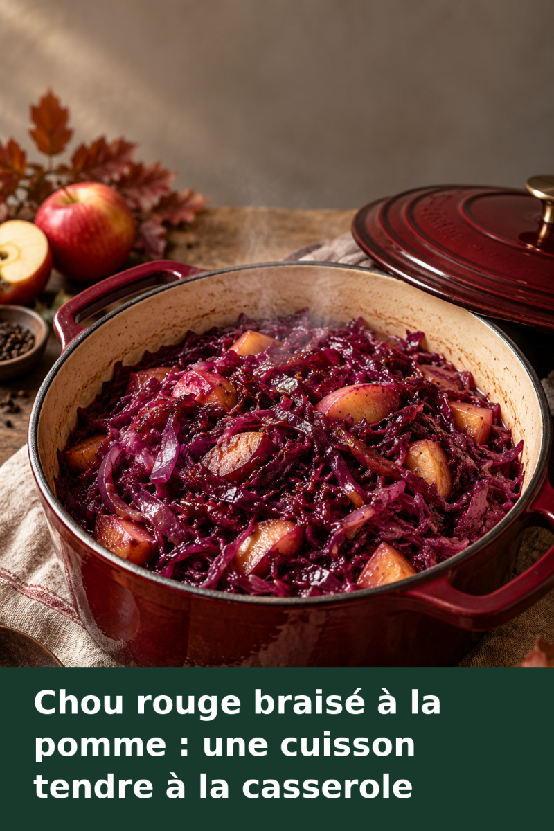 Chou rouge émincé et braisé avec des morceaux de pomme, servi dans une cocotte