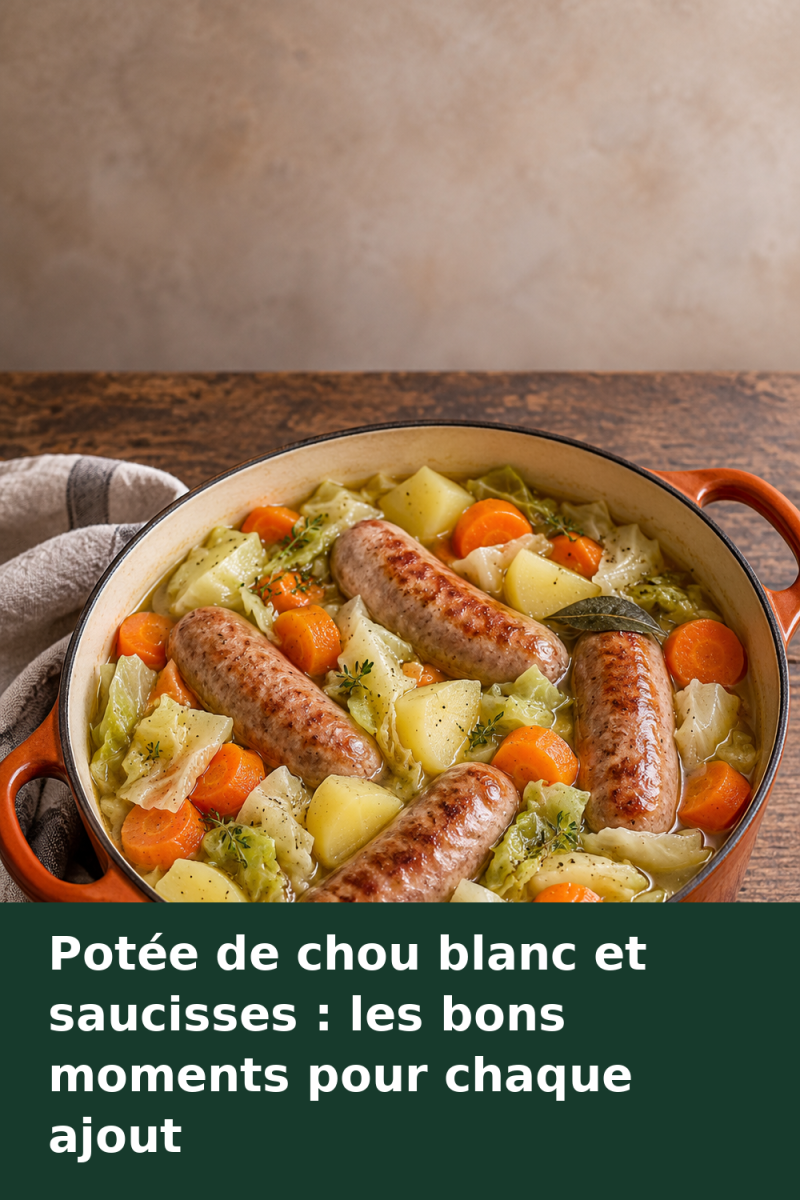 Cocotte de potée au chou blanc, avec carottes en rondelles épaisses, pommes de terre et quatre saucisses