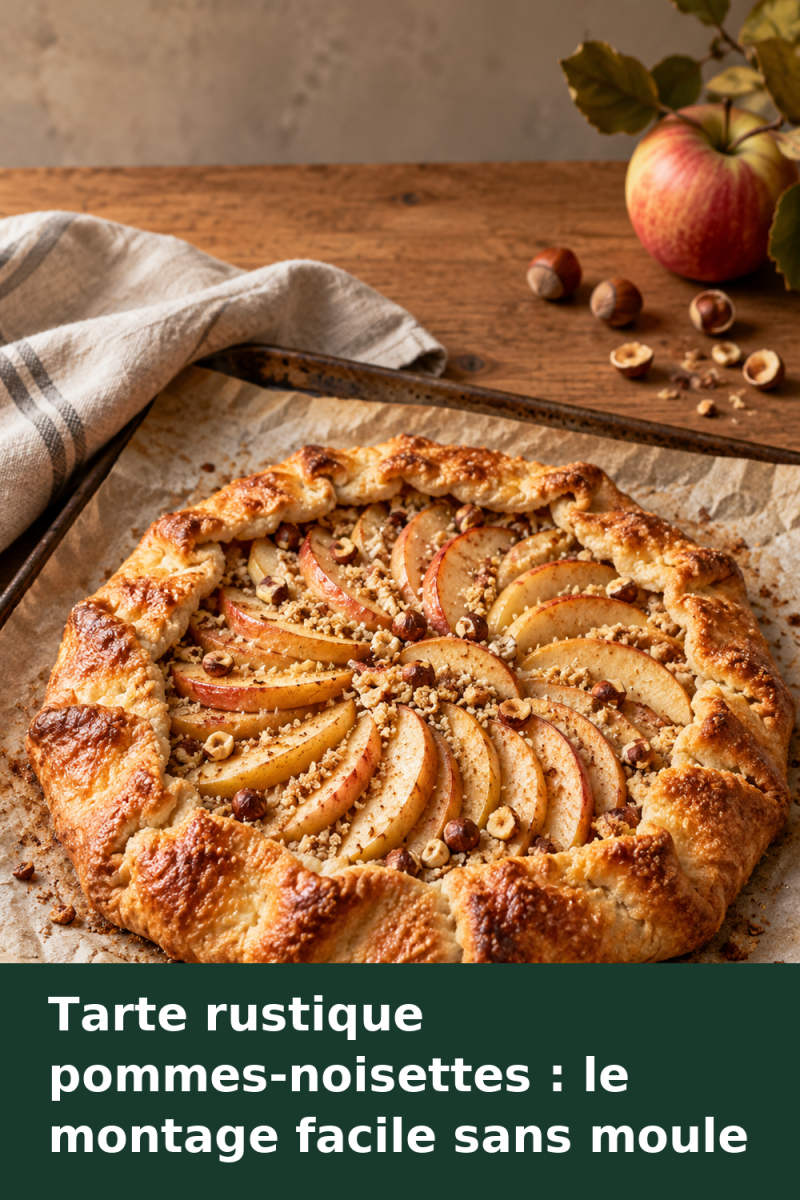 Tarte rustique aux pommes en lamelles et aux noisettes, avec des bords dorés repliés sur du papier cuisson