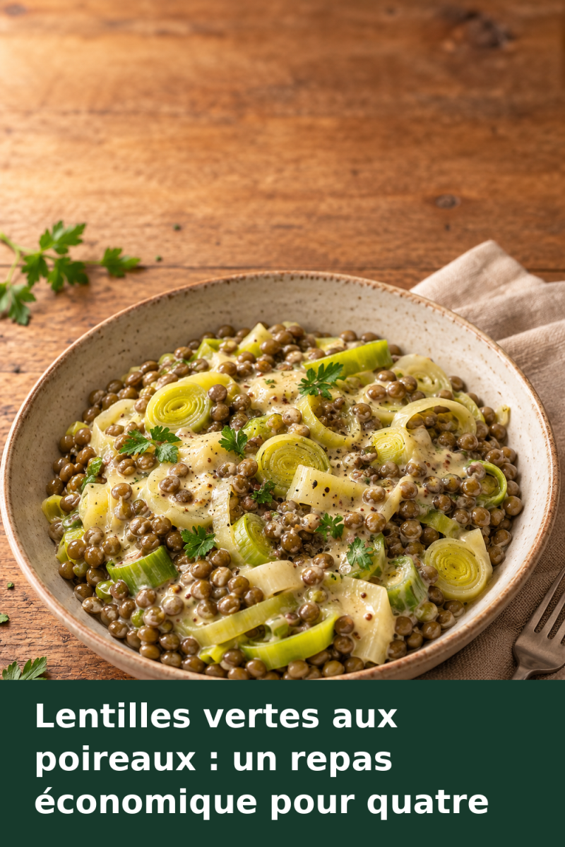Assiette de lentilles vertes et de poireaux émincés, enrobés d’une sauce crémeuse à la moutarde