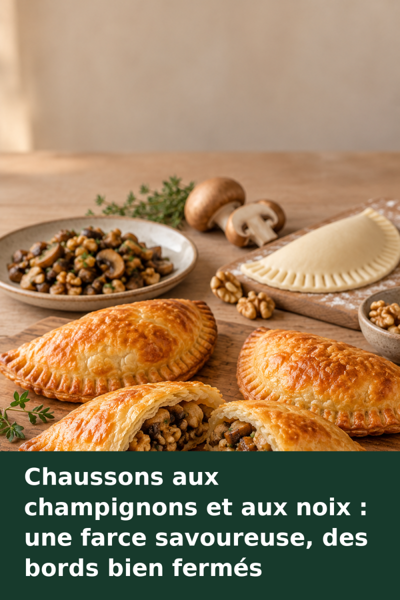 Chaussons feuilletés dorés aux bords soudés à la fourchette, dont un ouvert sur une farce aux champignons et aux noix