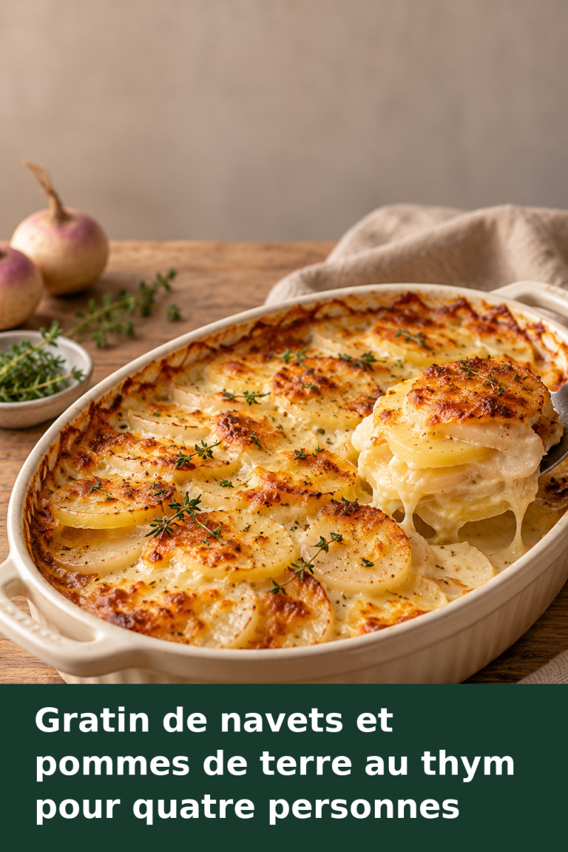 Gratin doré de navets et de pommes de terre au thym dans un plat familial, avec des rondelles visibles sous le fromage.