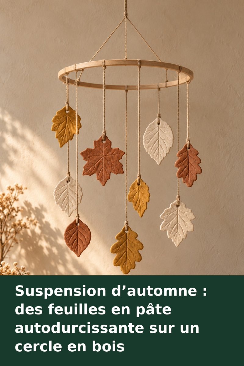 Feuilles en pâte autodurcissante ocre et terre cuite suspendues par des fils à un cercle en bois