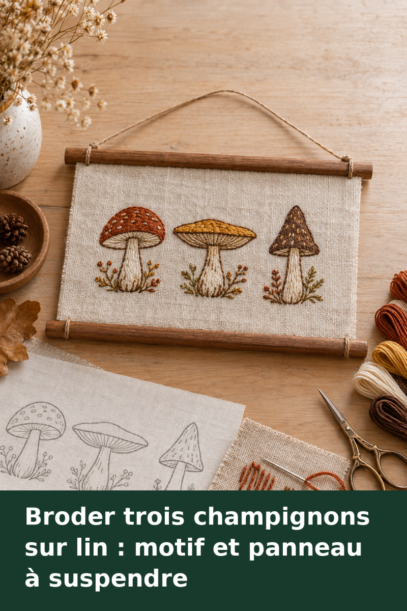 Motif de trois champignons à broder sur lin, avec chapeaux arrondi, plat et pointu, accompagné d’un schéma des points.