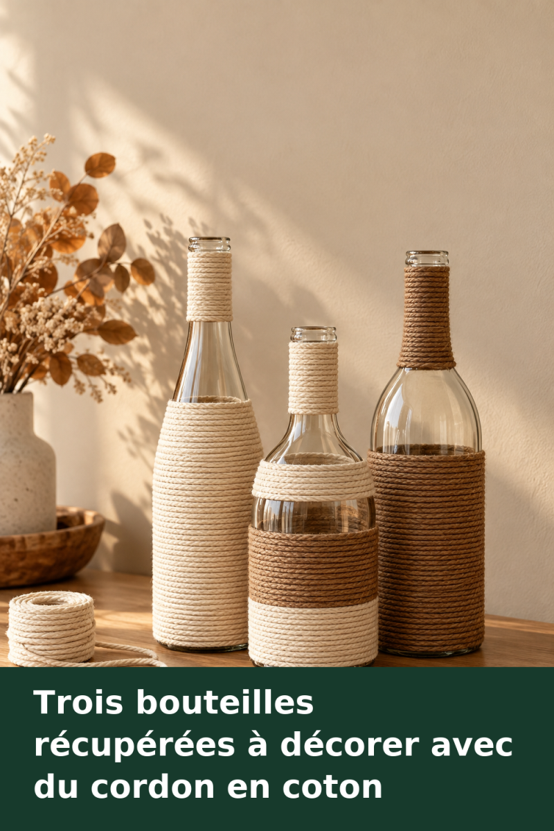 Trois bouteilles en verre partiellement habillées de cordon de coton écru et brun, disposées sur une console en bois.