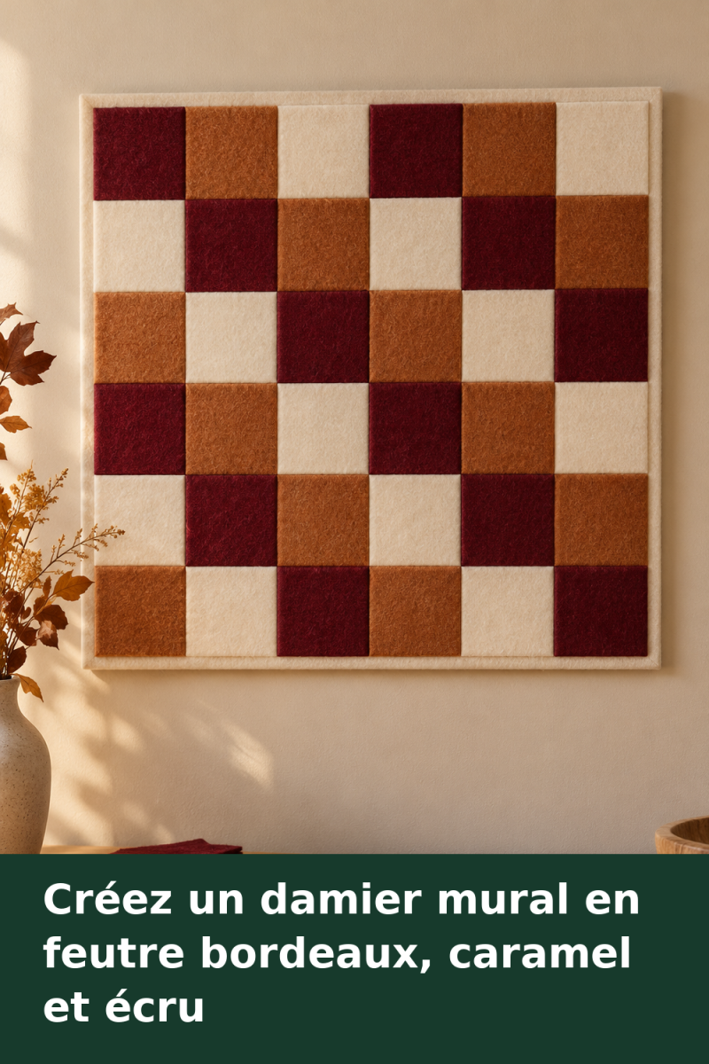 Tableau carré composé de 36 pièces de feutre bordeaux, caramel et écru, avec une bordure claire