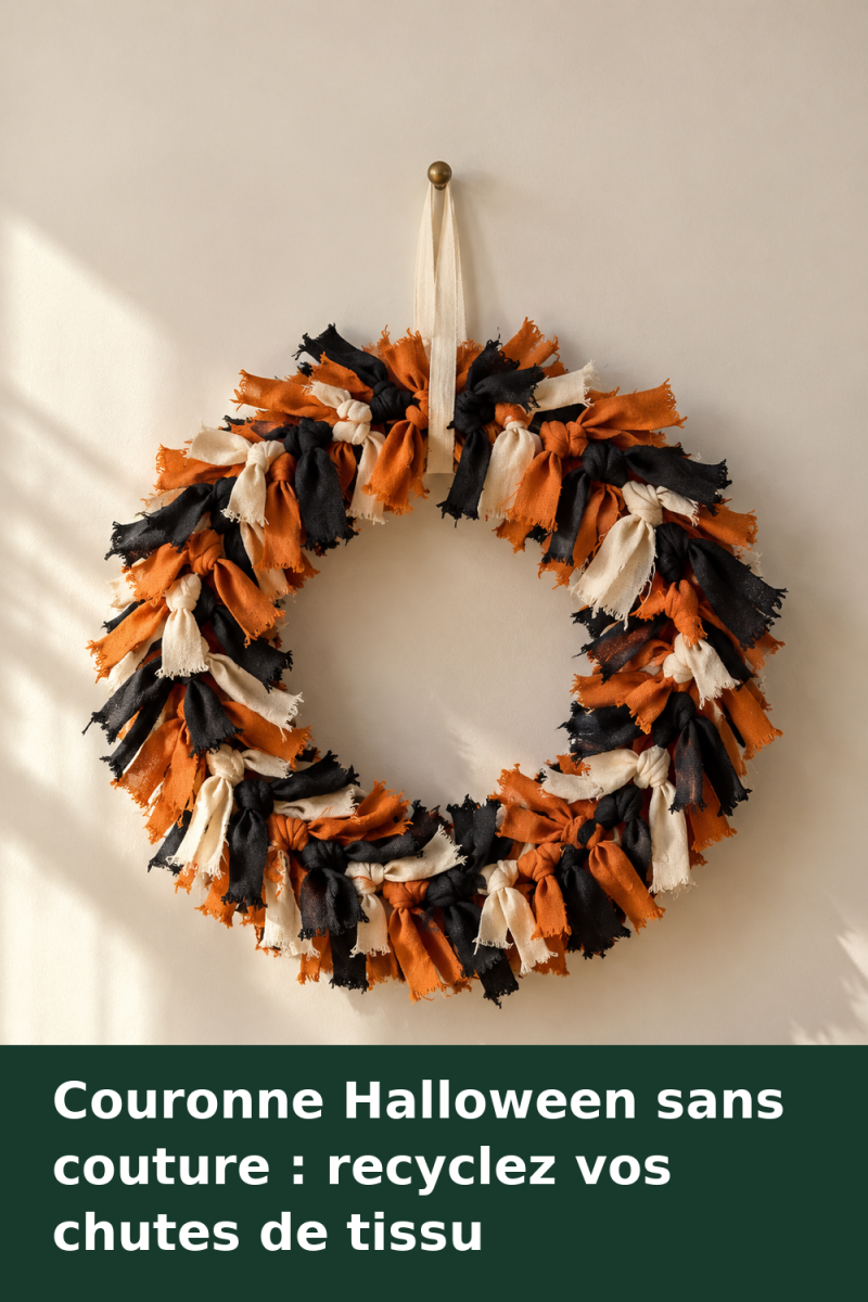 Couronne Halloween composée de bandes de tissu orange, noires et écrues nouées sur un anneau, suspendue par un ruban