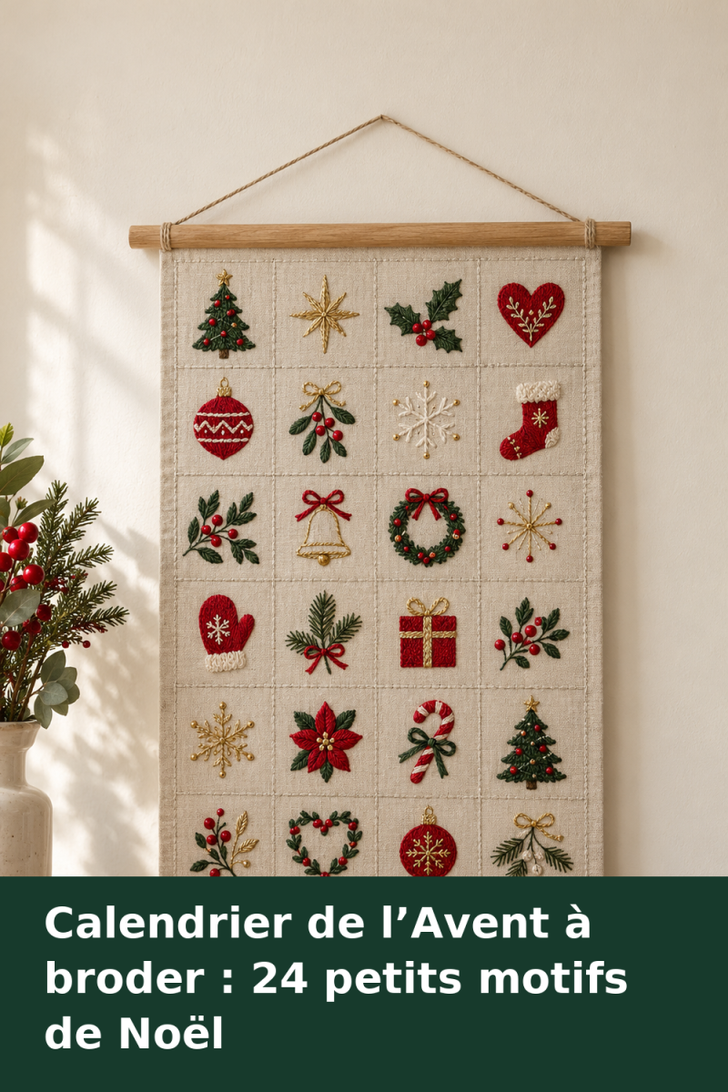 Toile écrue divisée en 24 cases brodées de petits motifs de Noël rouges, verts et dorés, suspendue entre deux baguettes.