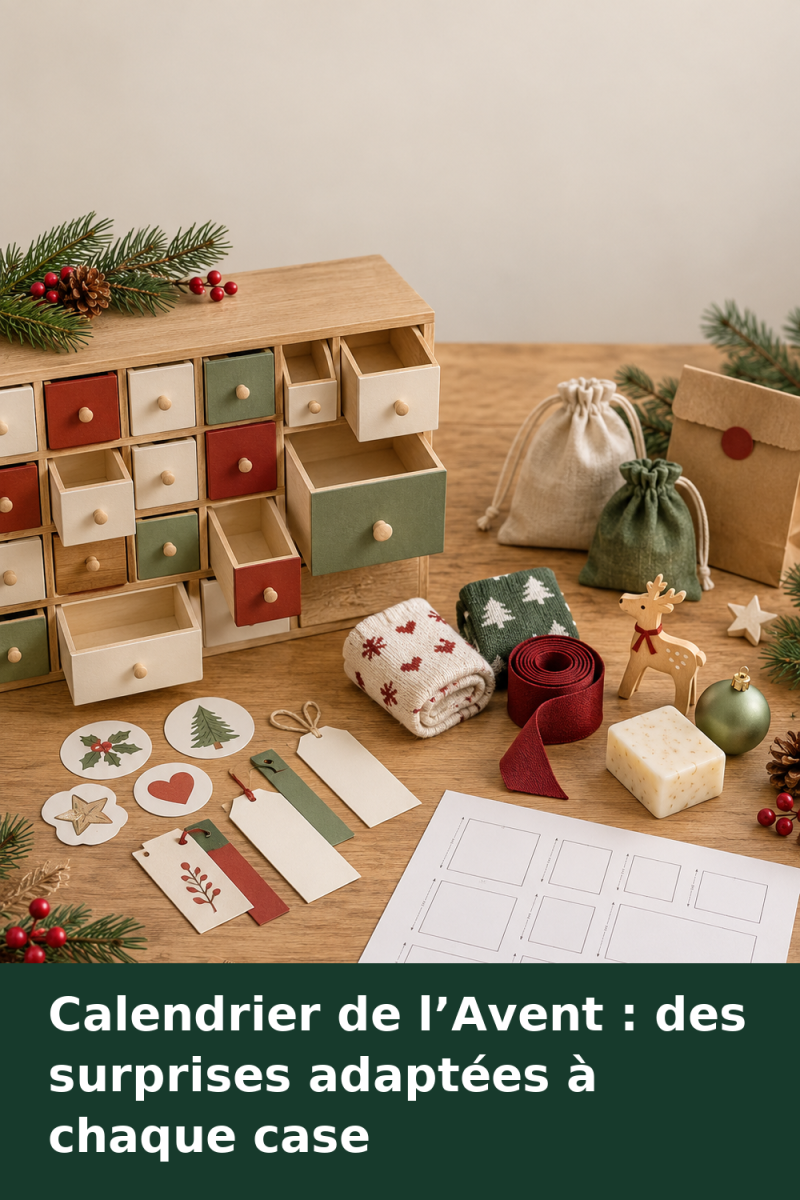 Calendrier de l’Avent à tiroirs accompagné d’une règle, de pochettes et de surprises classées par taille