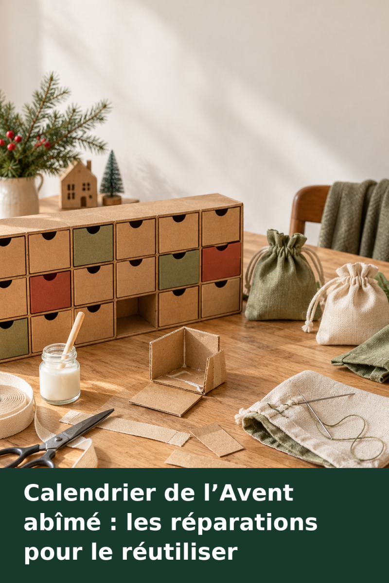 Calendrier de l’Avent en carton et pochettes en tissu, avec ruban, colle et pièces de renfort pour les réparer