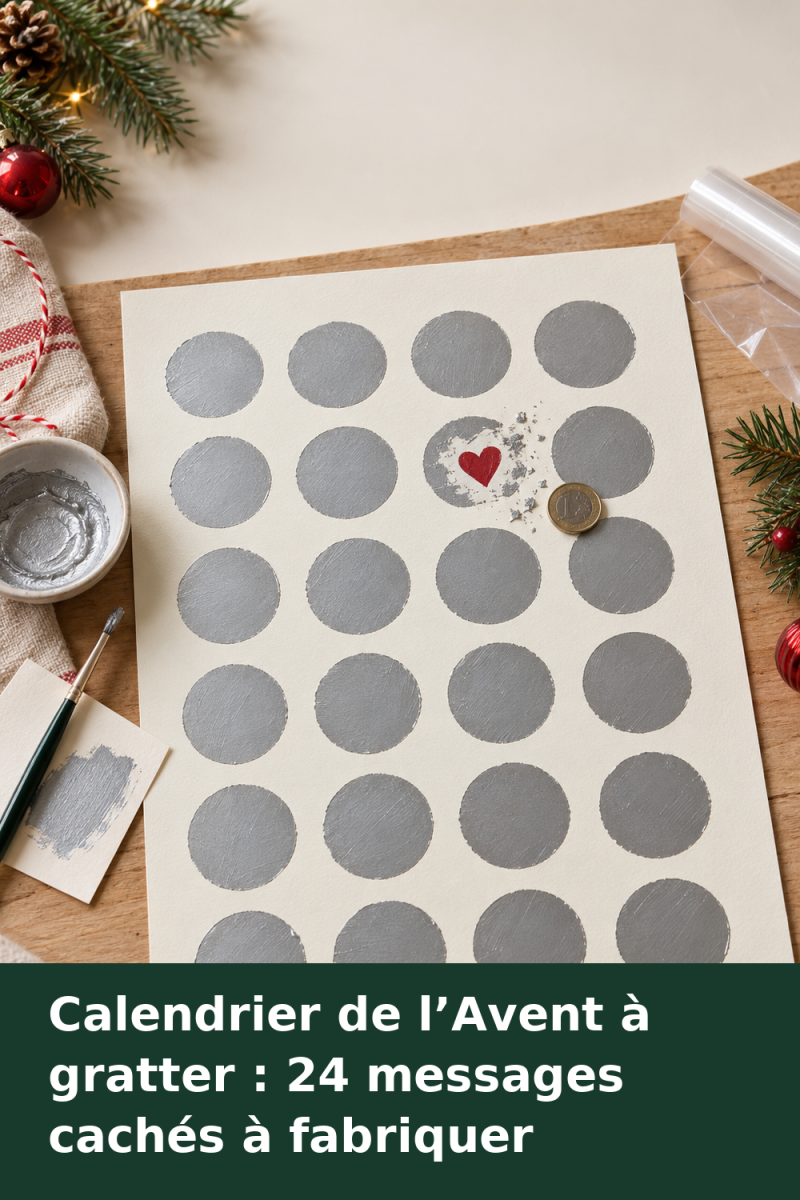 Affiche de calendrier de l’Avent avec 24 cases numérotées, dont une grattée révélant un message