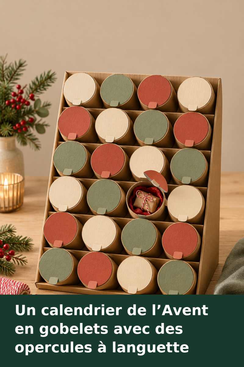 Calendrier de l’Avent à poser composé de 24 gobelets en carton fermés par des opercules numérotés avec languettes