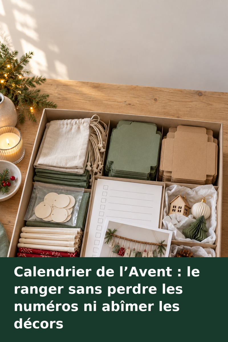 Calendrier de l’Avent démonté avec pochettes à plat, numéros regroupés et fiche d’inventaire dans une boîte
