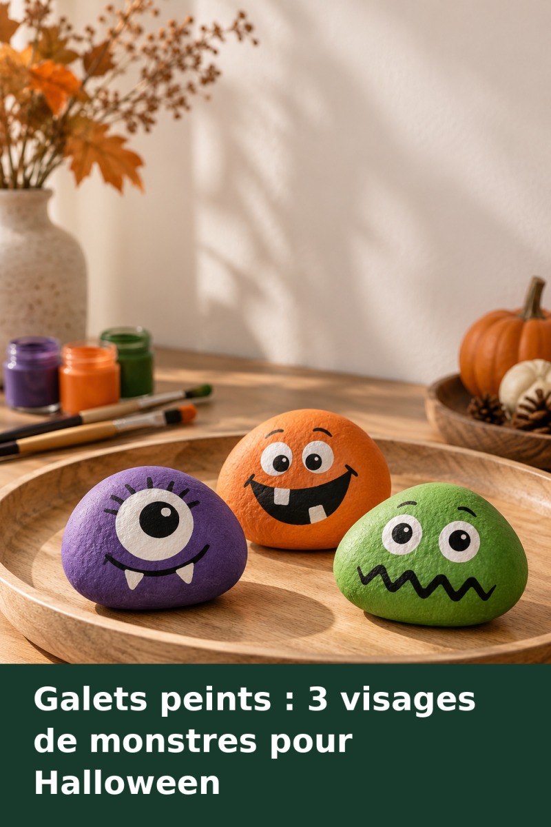 Trois galets peints en monstres d’Halloween, violet, orange et vert, disposés sur un plateau