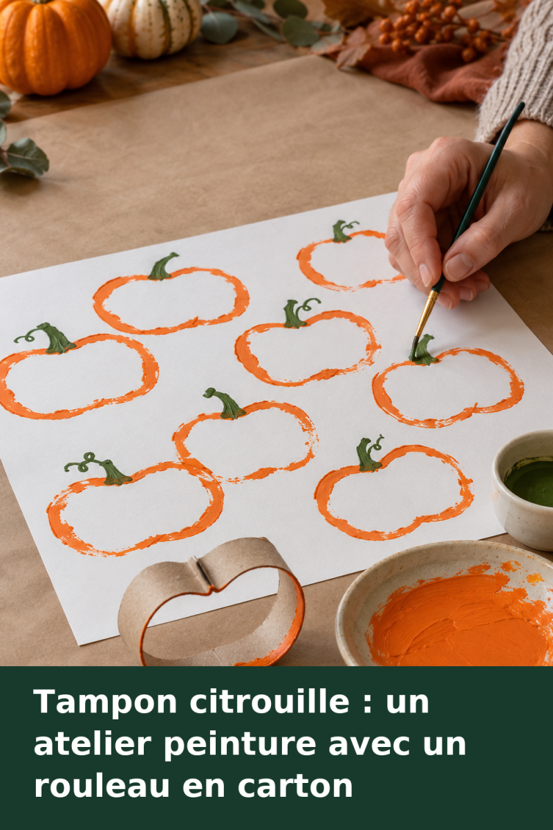 Anneau de carton déformé en tampon, empreintes de citrouilles orange et queues vertes peintes sur une grande feuille.