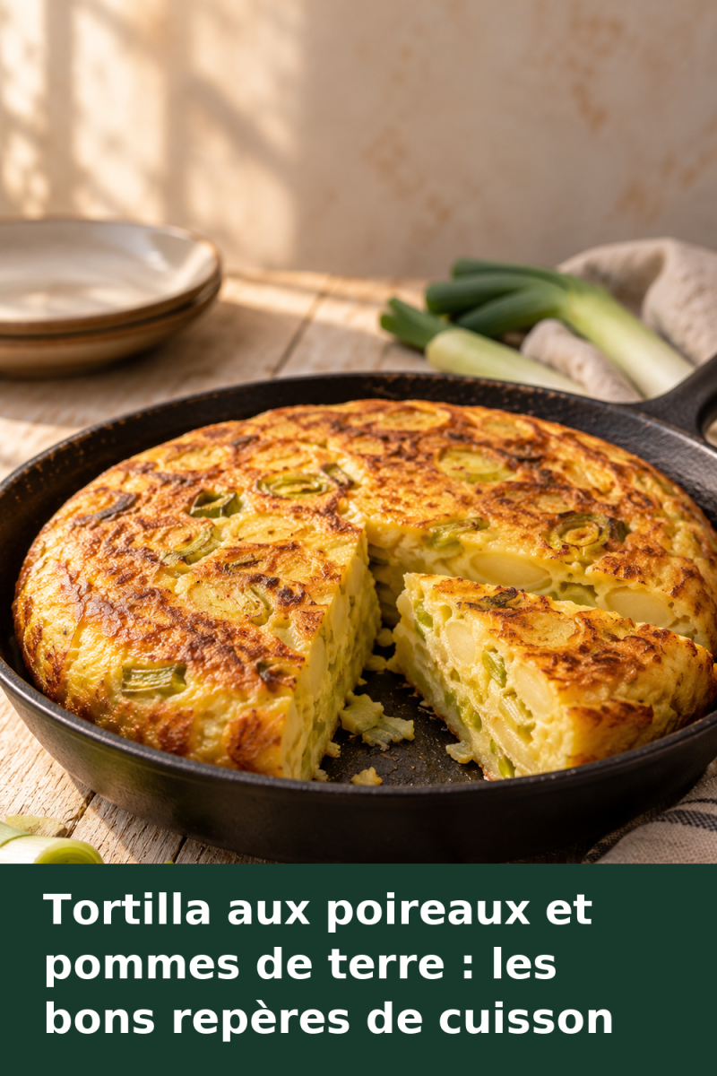 Tortilla dorée aux pommes de terre et poireaux dans une poêle, avec une part découpée montrant la garniture.