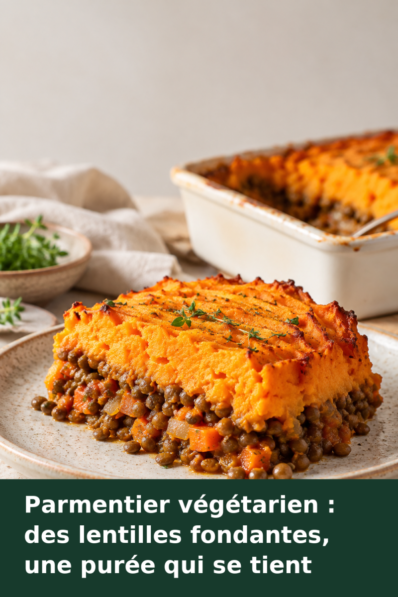 Part de parmentier avec une couche de lentilles aux légumes sous une purée de patate douce striée et dorée