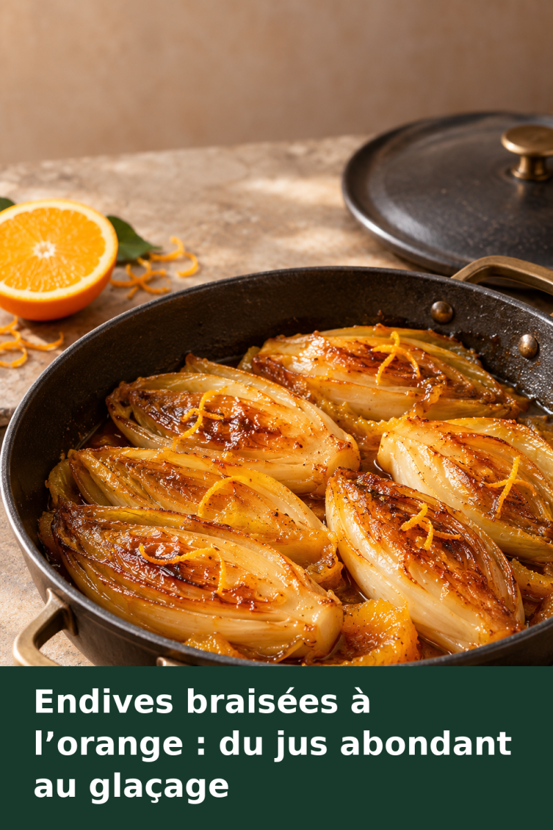 Demi-endives braisées nappées d’un jus réduit à l’orange, avec quelques zestes dans une sauteuse