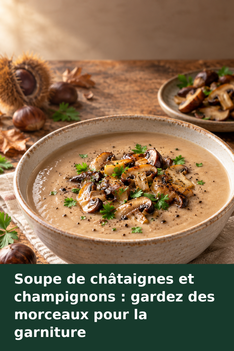 Bol de soupe de châtaignes garni de champignons poêlés en morceaux, de persil et de poivre