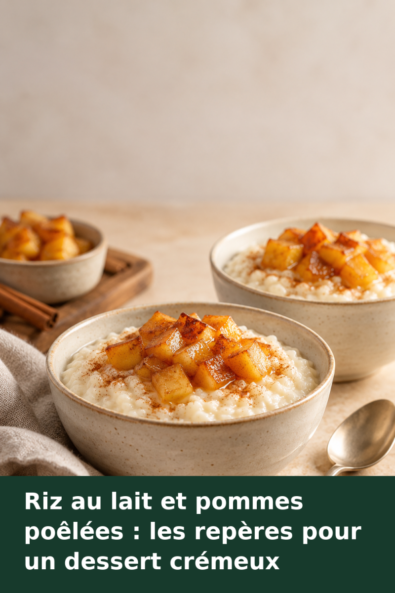 Riz au lait crémeux dans des coupelles, garni de dés de pommes poêlées dorés et de cannelle