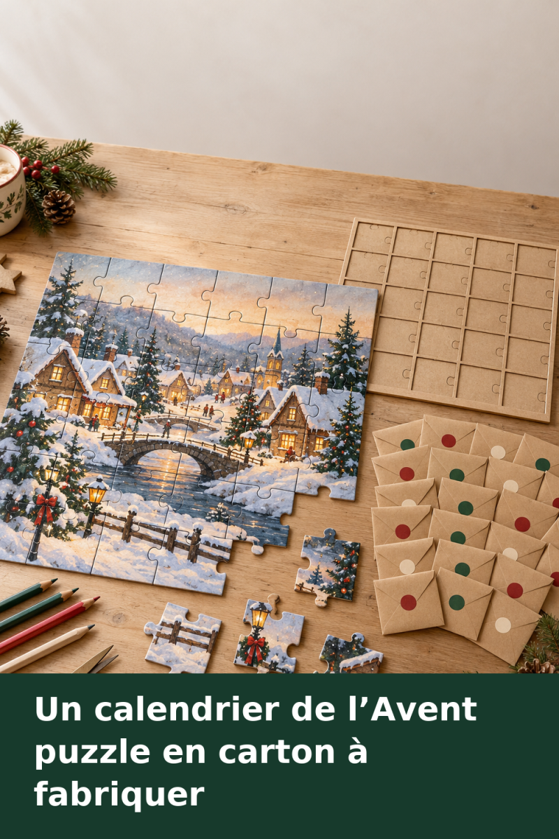 Calendrier de l’Avent puzzle en carton avec illustration hivernale, plateau quadrillé et enveloppes numérotées
