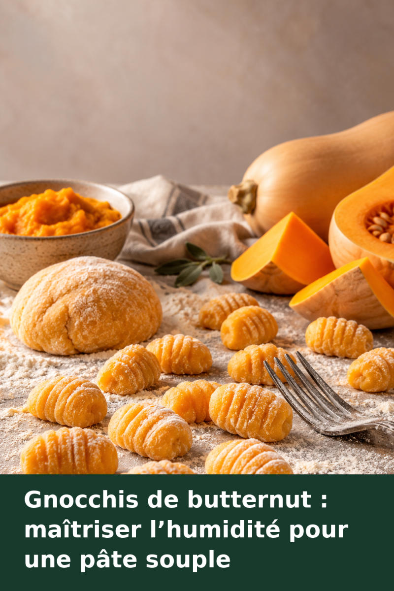 Gnocchis de butternut orangés, façonnés sur un plan fariné à côté d’une fourchette et de morceaux de courge