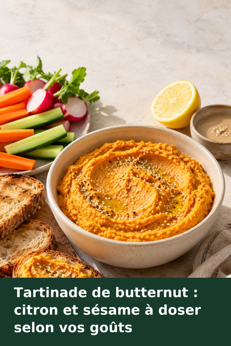 Bol de tartinade de butternut orange garni de graines de sésame, accompagné de pain grillé et de crudités.