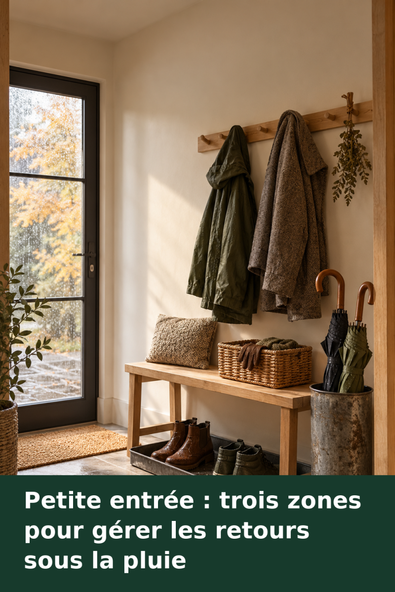 Entrée étroite organisée avec un plateau pour chaussures humides, un bac à parapluies et des manteaux espacés sur des patères