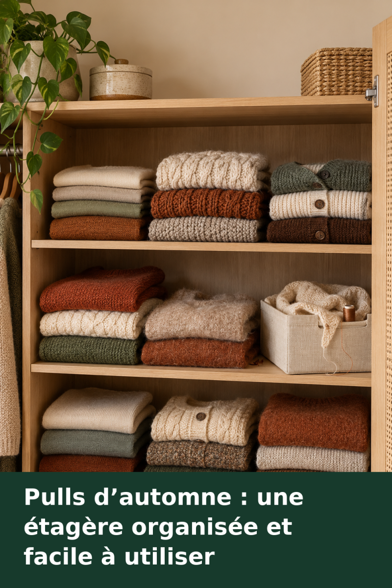 Étagère de placard avec des pulls pliés en piles par catégorie, les favoris devant et une boîte étiquetée « À réparer ».