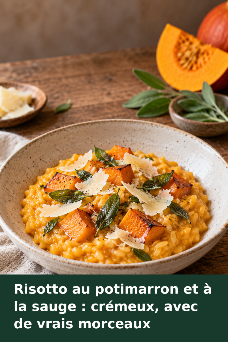 Assiette de risotto orangé au potimarron, garnie de cubes de courge rôtis, de feuilles de sauge et de parmesan.